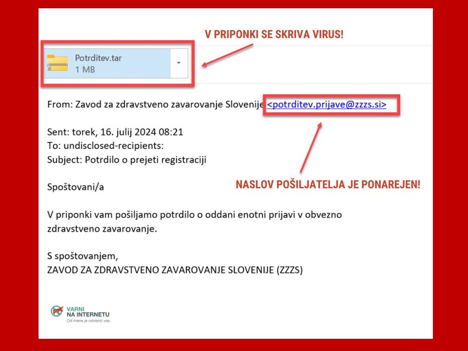 Kroži e-mail z virusom za krajo gesel, ki izgleda kot obvestilo ZZZS