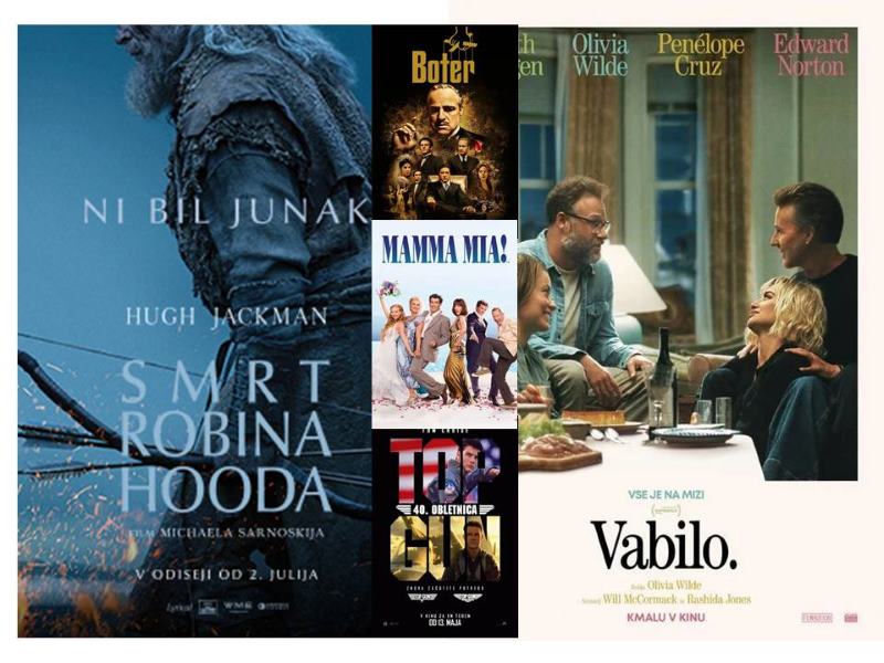 V kina prihajajo Vabilo, Smrt Robina Hooda, Boter, Mamma mia in Top gun