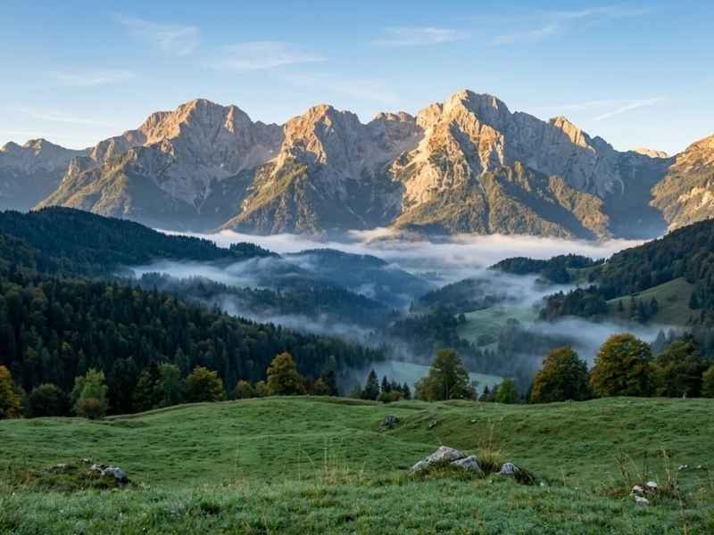 Jutranje meglice nad podalpsko pokrajino z gorami v ozadju