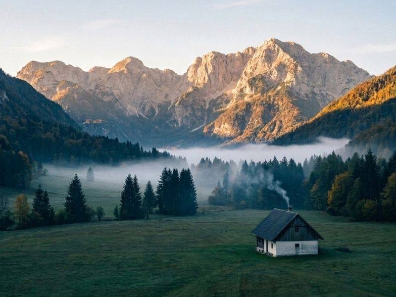 Megleno jesensko jutro v alpski dolini s sončnimi vrhovi