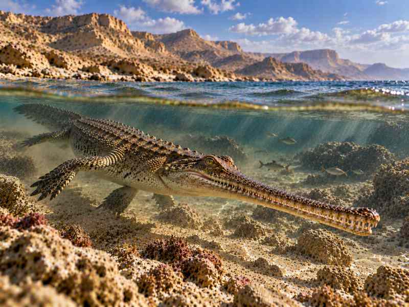 AI rekonstrukcija krokodila Herugavialis cairensis v plitvem morju pred 45 milijoni let