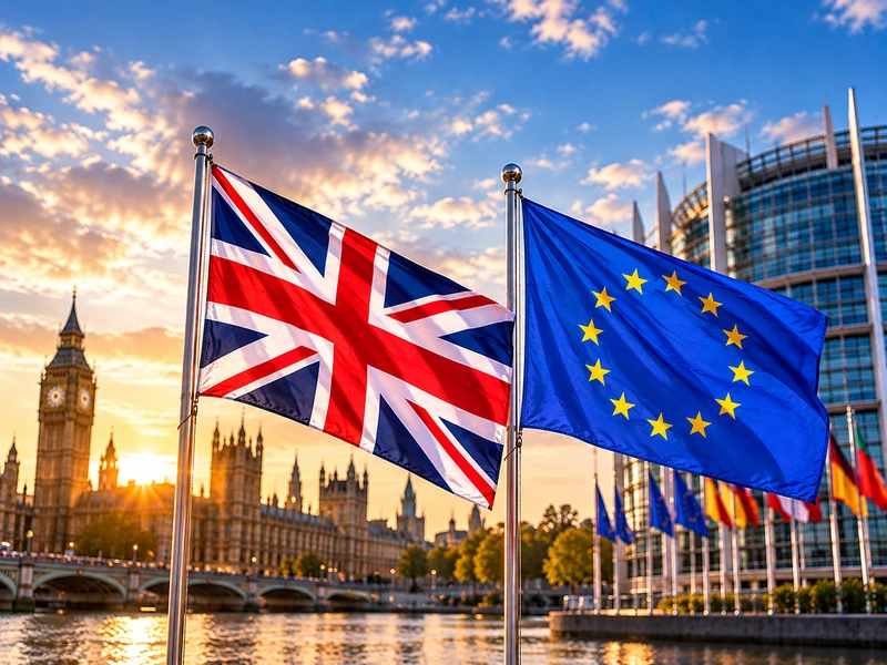Britanska zastava in zastava Evropske unije ob razpravi o morebitni vrnitvi Velike Britanije v EU